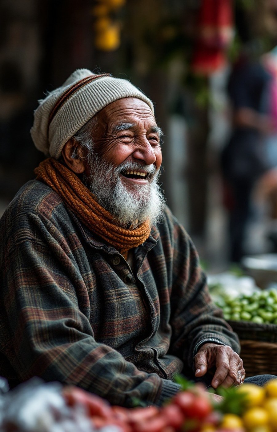Laughing market vendor, candid street portrait
