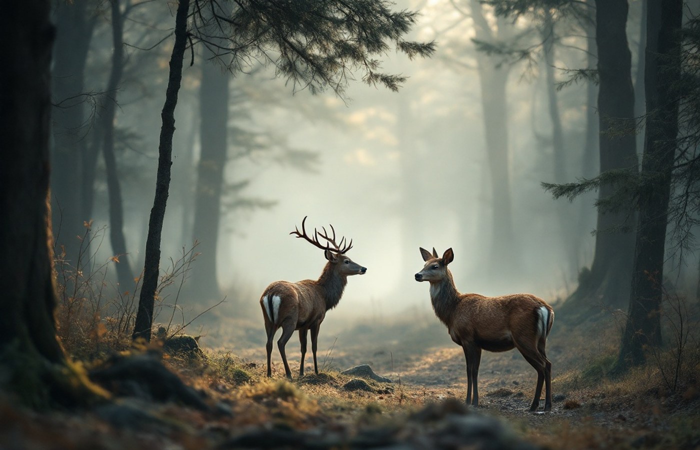 Deer at the edge of a misty forest clearing